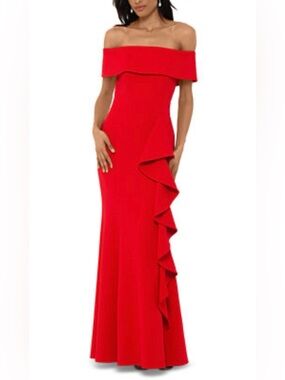 Betsy & Adam Red Off-Shoulder Strapless Ruffle Gown